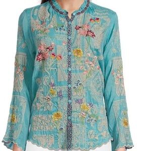 Johnny Was heavily embroidered “Albee” blouse in marine blue NWT